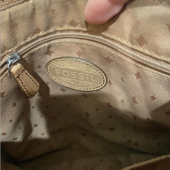 VTG Fossil Crossbody Bag Purse Natural Leather Textile Cowhide Blue 10”X 10.5” - Picture 10 of 14